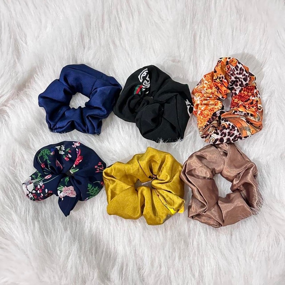 Lot of 6 Assorted Hair Scrunchies • Satin Floral Leopard Bronze